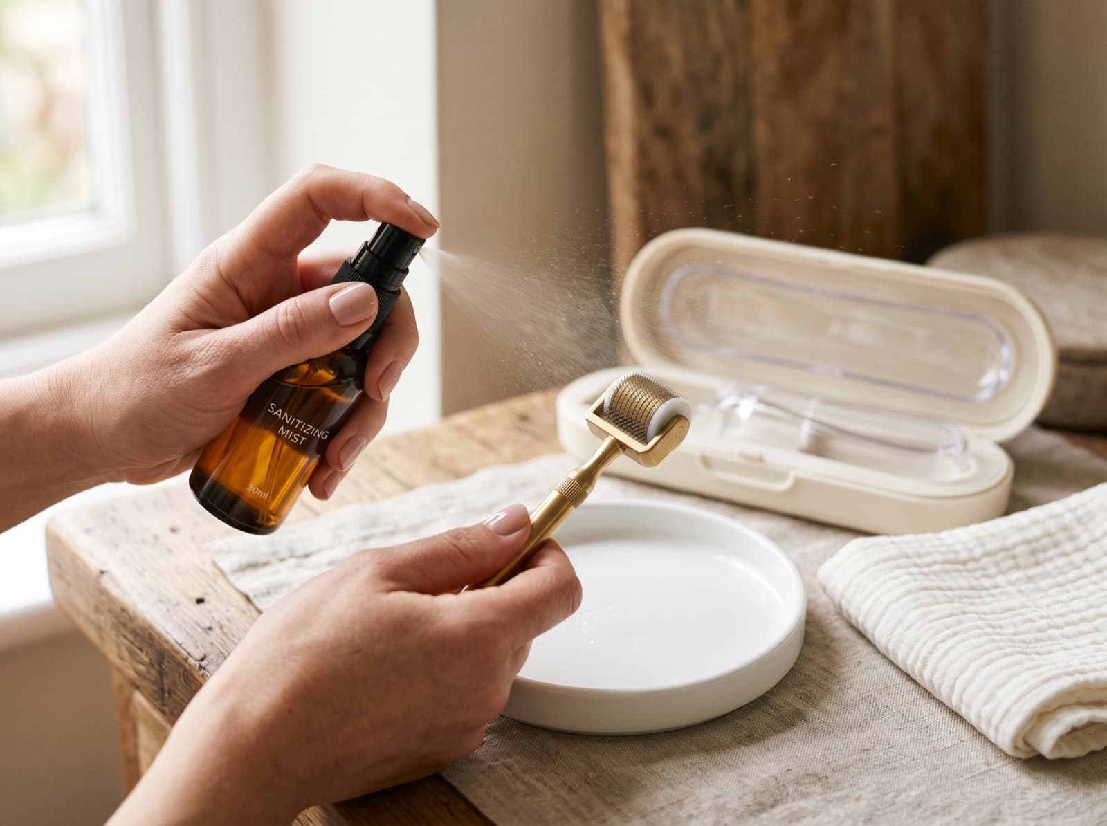 Sanitising a derma roller with isopropyl alcohol spray
