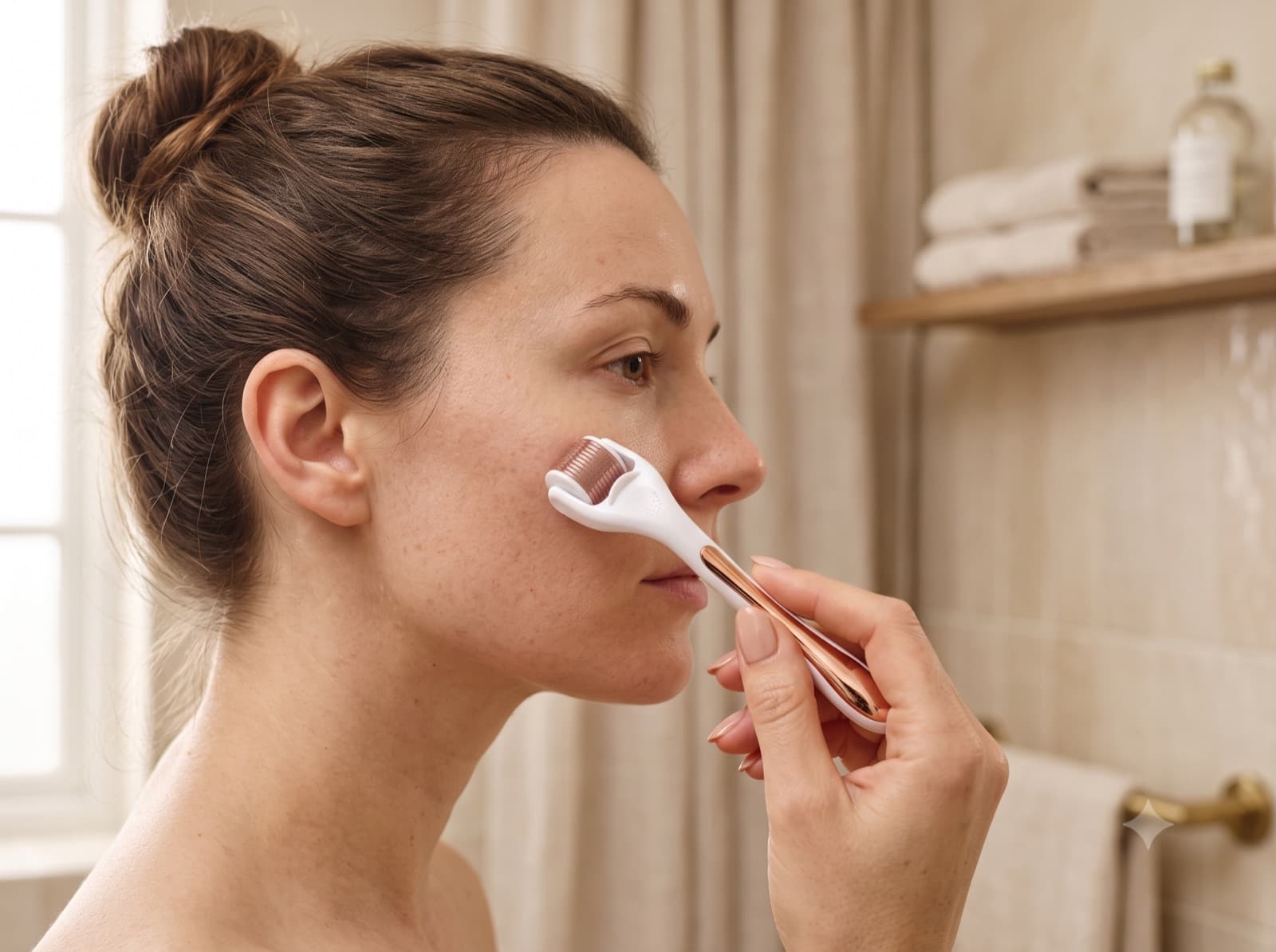 Rolling a derma roller in one direction across the cheek