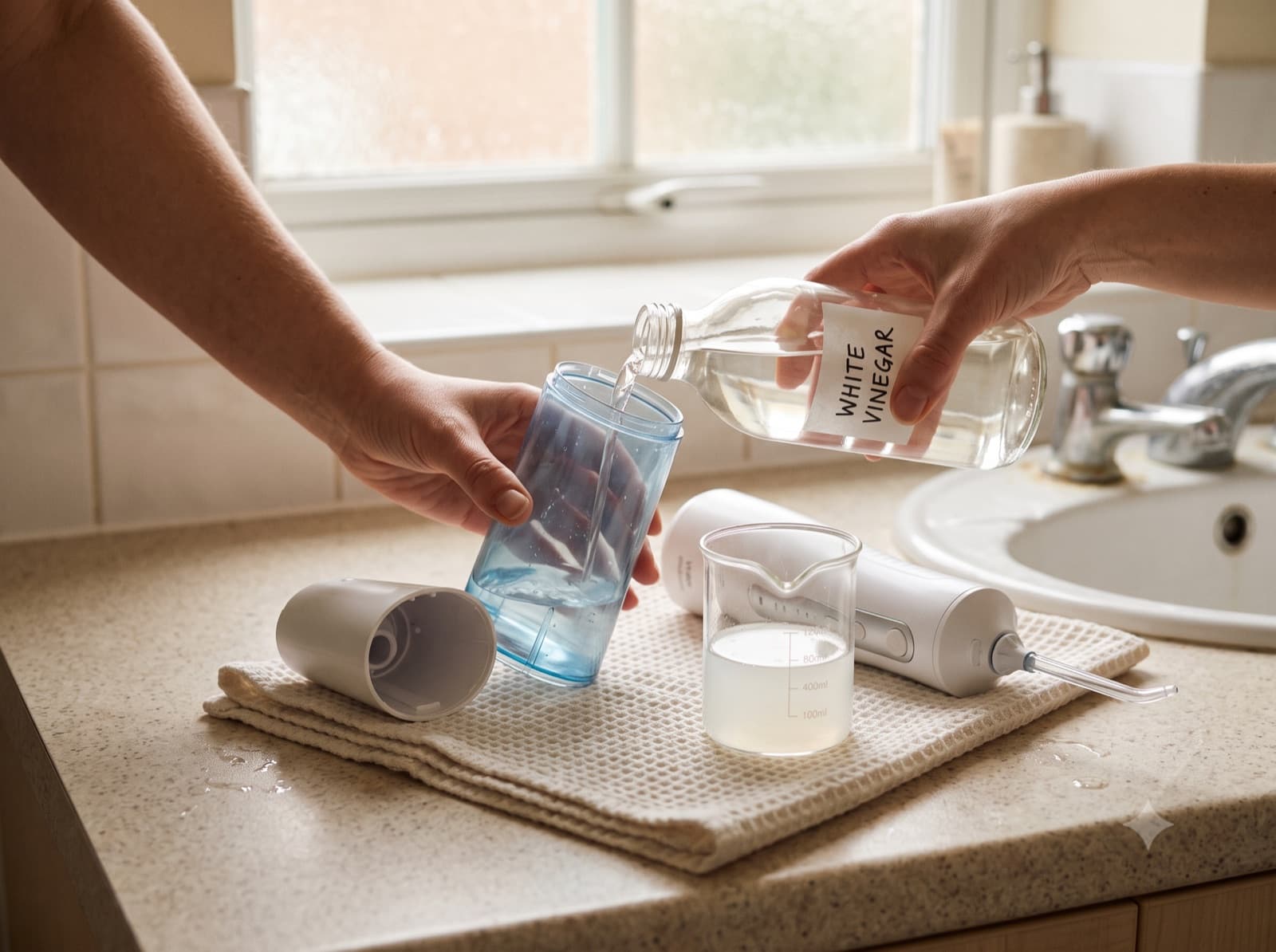 Descaling a water flosser tank with white vinegar in a hard water area