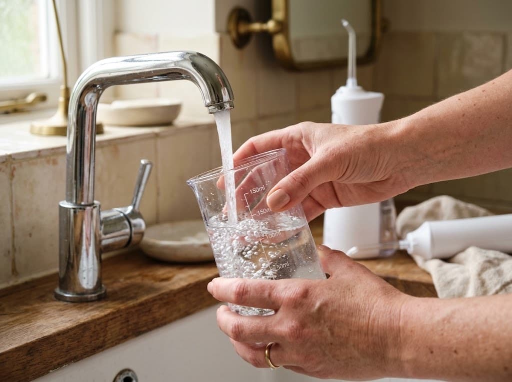 Filling a cordless water flosser tank with lukewarm water