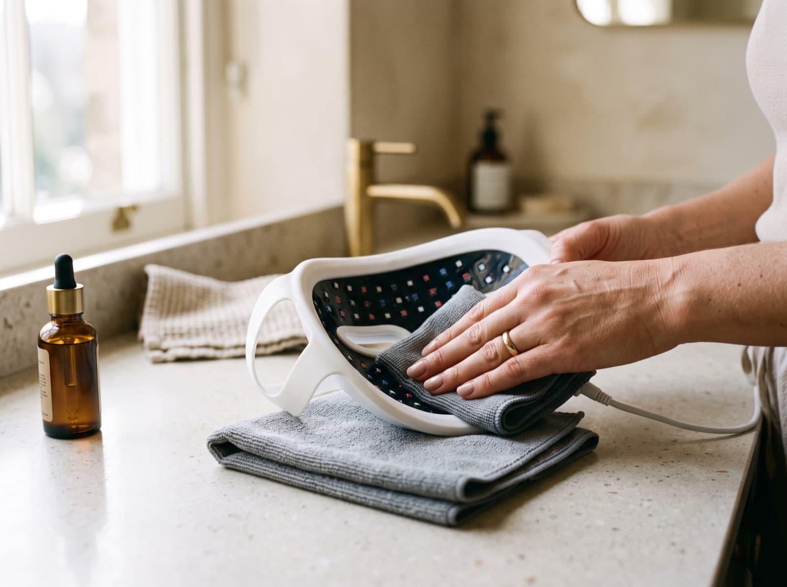 Cleaning an LED face mask with a lint-free cloth Cleaning an LED face mask with a lint-free cloth