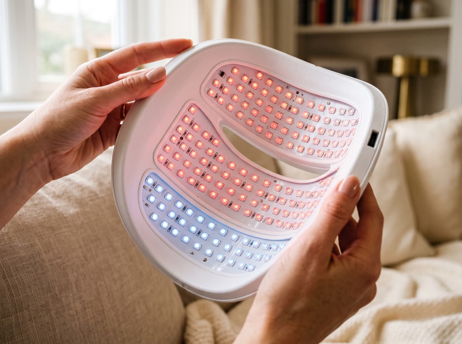 Inside of an LED face mask showing red and blue diodes Inside of an LED face mask showing red and blue diodes