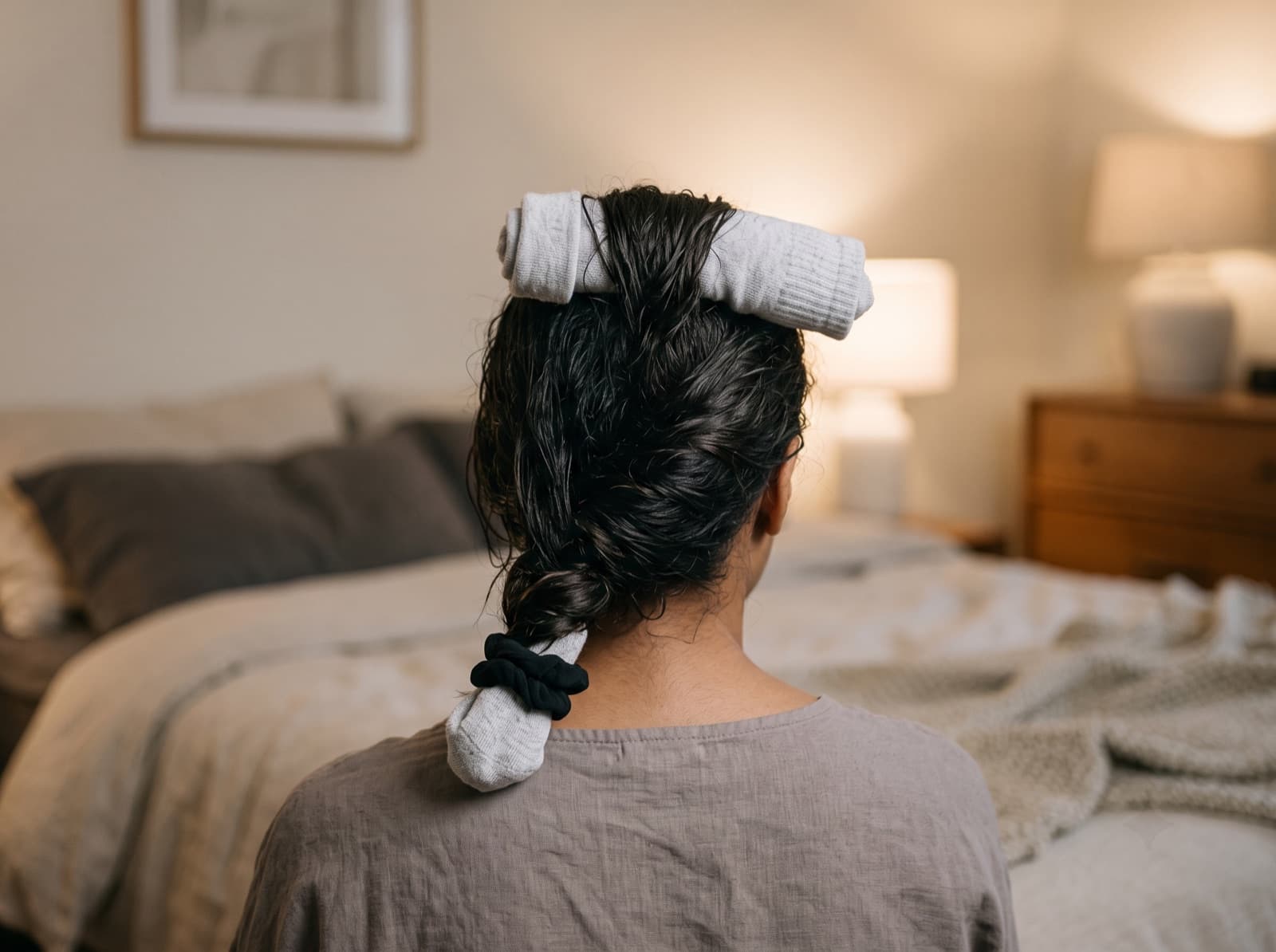 Sock curls: hair sections wrapped around clean cotton socks Sock curls: hair sections wrapped around clean cotton socks