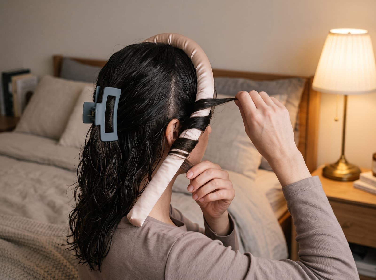 Wrapping a section of damp hair around a heatless curling rod Wrapping a section of damp hair around a heatless curling rod