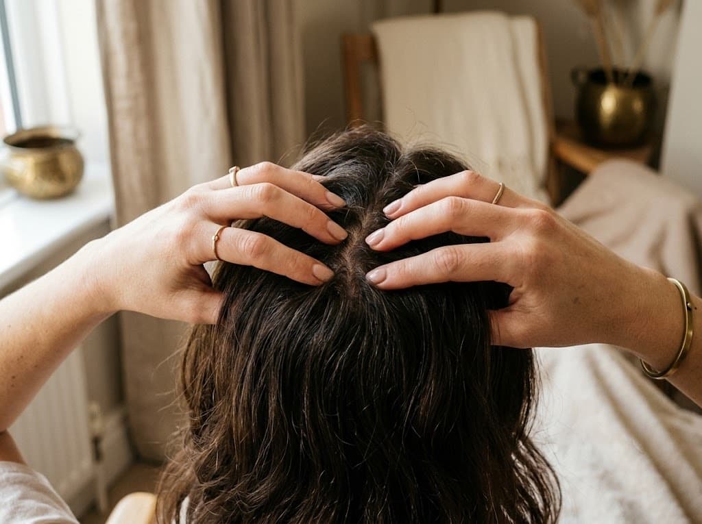 Fingertip scalp massage technique at the crown Fingertip scalp massage technique at the crown