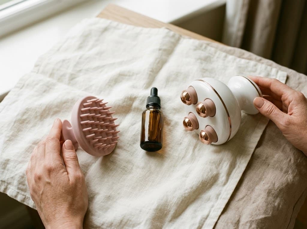 Scalp massage tools: fingertips, silicone brush and electric massager Scalp massage tools: fingertips, silicone brush and electric massager