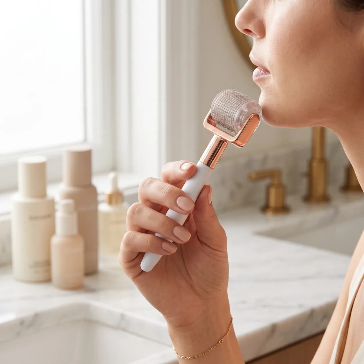 Hand holding a 0.5mm derma roller up to the jawline at a bright marble bathroom counter