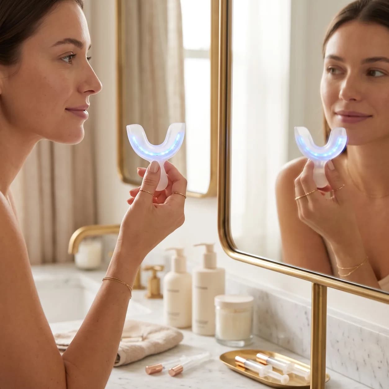 Woman holding the glowing LED teeth whitening mouth tray at a bright bathroom mirror before use